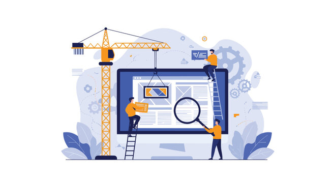 Web developers building a website interface on a large computer screen using a crane and tools to represent digital construction.