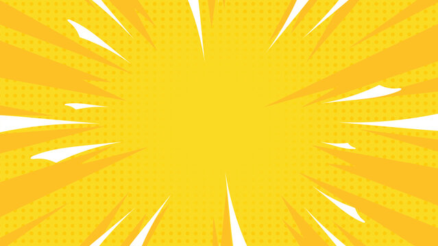 Yellow comic pop art background with dynamic radial burst, vibrant rays, and retro halftone style