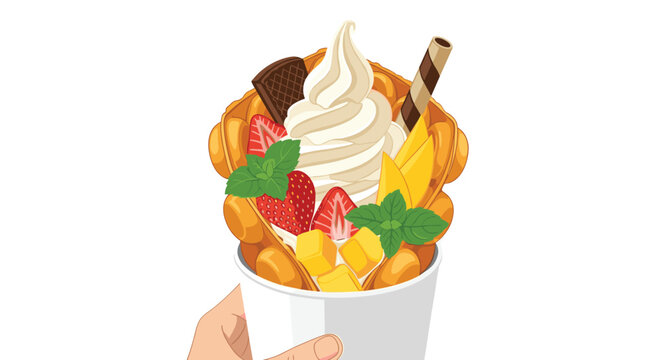 Close-up of a bubble waffle filled with vanilla soft serve ice cream, fresh strawberries, mango slices, and mint leaves for decoration.