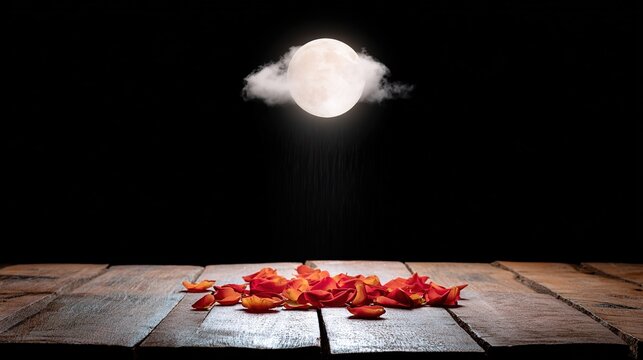 A pile of red leaves on a wooden table under a full moon