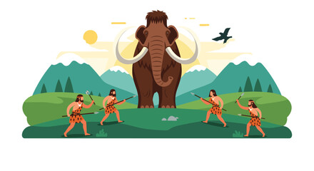 Fototapeta premium Prehistoric hunting scene with cavemen holding spears surrounding a massive woolly mammoth in a mountain landscape with green fields.