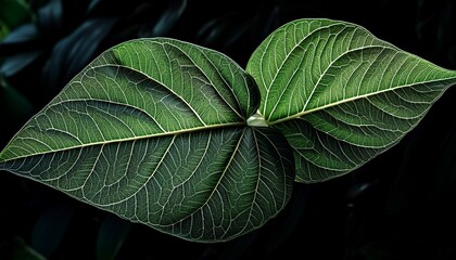 Fototapeta premium Dark Green Leaves With Light Green Veins On Black Background