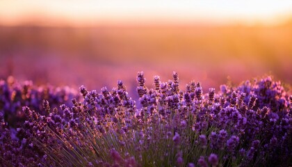Obraz premium Lavender Sunset Nature Purple Flowers Blooming In A Serene Field At Golden Hour Warm Evening Light Natural Beauty Copy Space