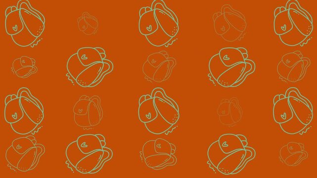 Holiday doodle depicting multiple drawn backpacks with hearts on an orange background, ideal for backtoschool celebrations and schoolrelated designs.