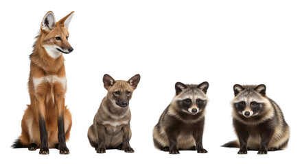 Fototapeta premium A fox and three raccoons sitting in a row isolated on transparent background
