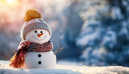 Obraz premium Cute Snowman In A Hat And Knitted Scarf Winter Background With Copy Space