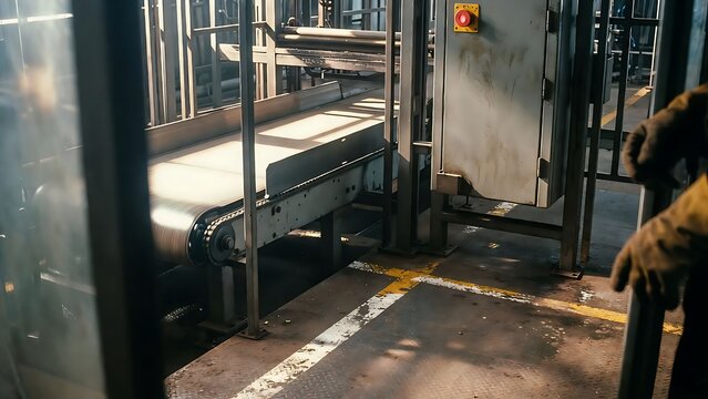 Factory conveyor with emergency stop and safety floor markings