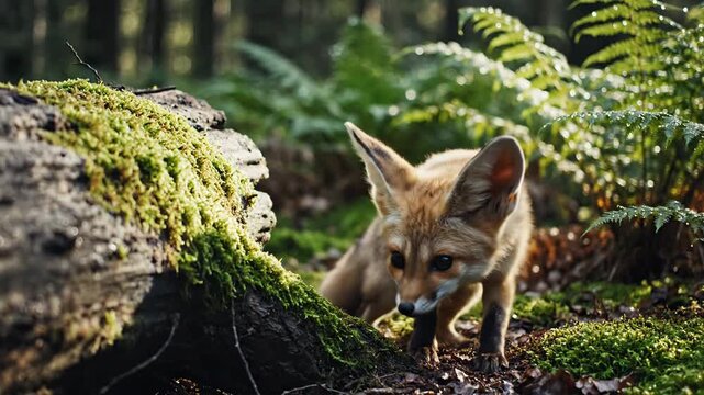 Curious young fox peeking from forest log
