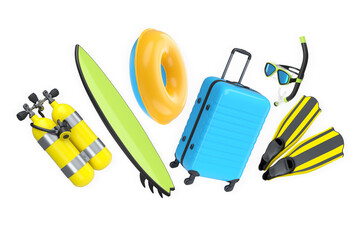 Travel suitcase, snorkeling set, flippers, scuba tank, beach balls, and float ring on white background. Concept of summer vacation © Vasyl Onyskiv