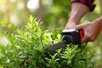 Obraz premium A person trimming a green hedge with a small electric saw outdoors