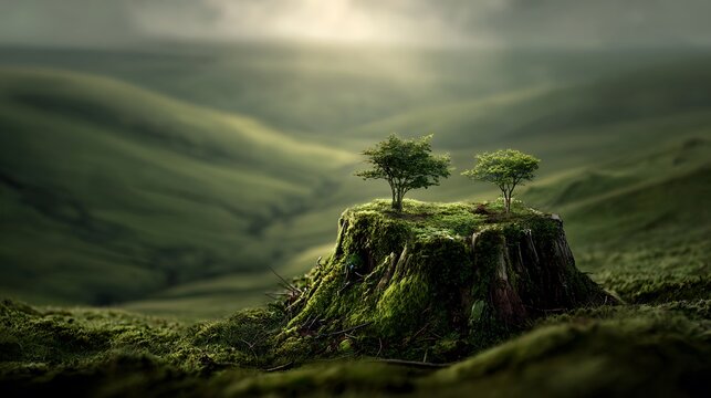 Two small trees stand atop a large, moss-covered hillock under bright sunlight.