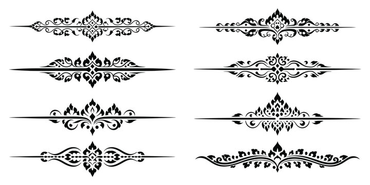 Set of Thai Decorative Borders and Dividers Featuring Traditional Kanok Art Line Ornaments, Elegant Cultural Vector Collection for Page Layout, Invitations, and Luxury Design