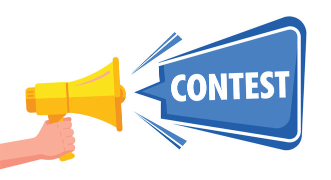 A yellow megaphone announces a contest with bold white text on a blue background