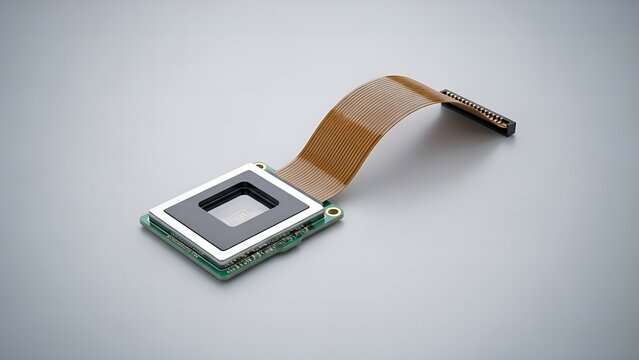 Compact digital camera module featuring a sophisticated image sensor and flexible flat cable connection isolated on a clean light gray background for technology concepts