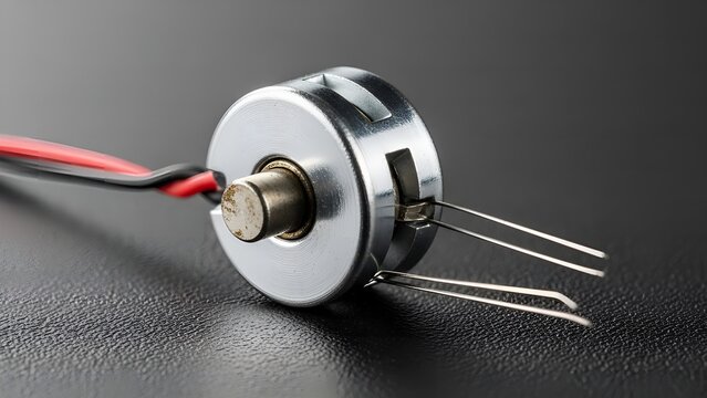 A close up photograph focuses intensely on a small metallic rotary encoder component featuring exposed contact terminals and connected red and black electrical wires against a dark textured surface.