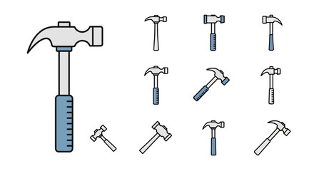 Fototapeta premium A set of various hammer icons in black and blue, including a large claw hammer, sledgehammers, and carpenter hammers, arranged in rows on a white background with a flat design style.