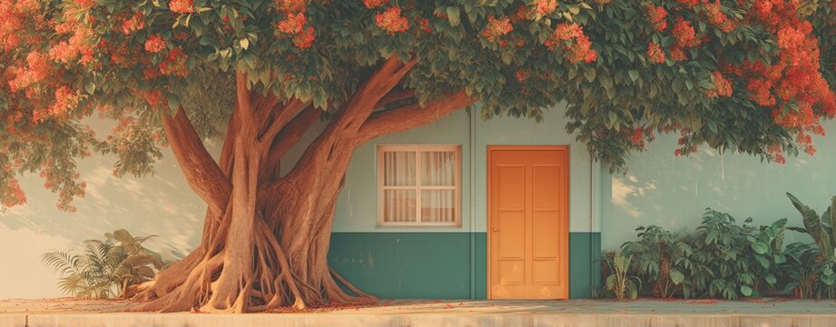 Atomic Habit atomic habit Large Tree with Dense Foliage Growing Near Colorful House Exterior in Sunlight a workspace organized for deep focus