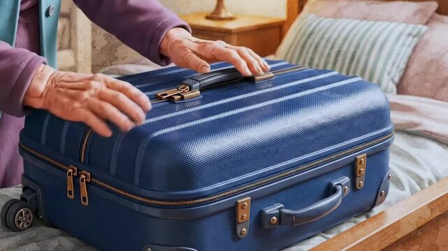 Elderly hands arranging shoes, floral pouch suitcase, stacked denim, polished loafers, soft clasp closure, careful closing motion, nostalgic home interior, gentle packing ritual Illustrated animation