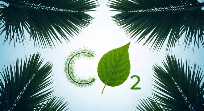 Eco-friendly CO2 reduction concept with green leaf surrounded by palm fronds