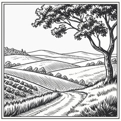 Fototapeta premium Vintage Engraving Style Black and White Rural Landscape Illustration with Rolling Fields, Path, and Majestic Tree, Farm Countryside Scenery