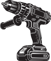 Obraz premium Cordless power drill, electric tool, modern construction equipment, battery powered, industrial, workshop, black and white silhouette, isolated on transparent background