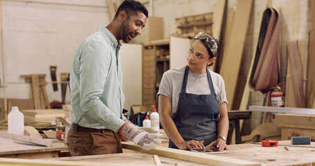Carpentry, people and discussion in workshop with woodwork, manager instruction or manufacturing...