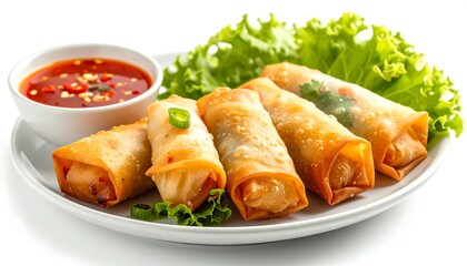 Crispy spring rolls with dipping sauce.