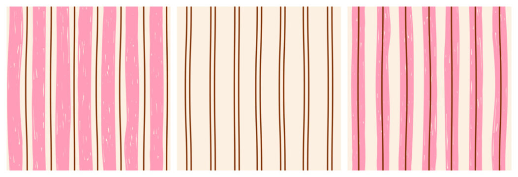 Set of abstract modern seamless different patterns of vertical pink brush-drawn stripes arranged in a row on a white background; simple hand-drawn vector illustration; sketch, drawing, flat style