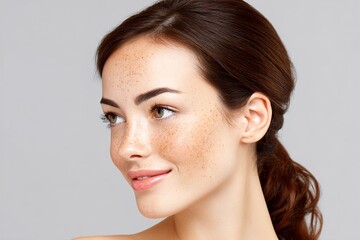Naklejka premium A beautiful young woman with freckles and brown hair smiling softly