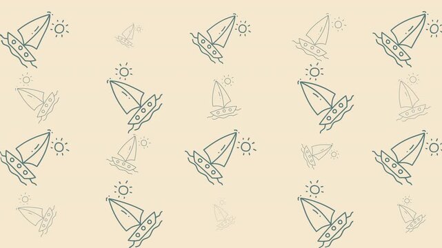 Holiday doodle pattern of sailing boats and suns on beige for whimsical vacation scenes. Versatile for projects like cards, posters, and social media.
