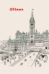 Fototapeta premium Ottawa, Canada Pen Line Art Illustration of City Landmark and Travel Scene