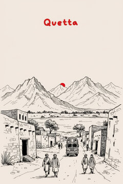 Quetta, Pakistan Pen Line Art Illustration of City Landmark and Travel Scene