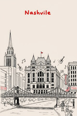 Fototapeta premium Nashville, United States Pen Line Art Illustration of City Landmark and Travel Scene