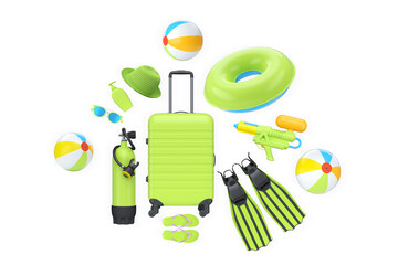 Travel suitcase, snorkeling set, flippers, scuba tank, beach balls, and float ring on white background. Concept of summer vacation © Vasyl Onyskiv
