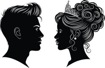 Silhouette portrait of a man and woman looking at each other, queen with tiara and curly hair, elegant couple vector. © PaponKumar