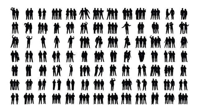 A large group of people in silhouette are standing in rows isolated on white background, Vector