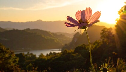 A serene landscape with a pink flower in the foreground