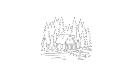 Obraz premium Cozy Cabin by Lake in Pine Forest, Rustic Lakeside Retreat, Nature Escape