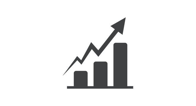 Simple dark gray vector graphic illustration of a rising bar chart with an upward trending line indicator