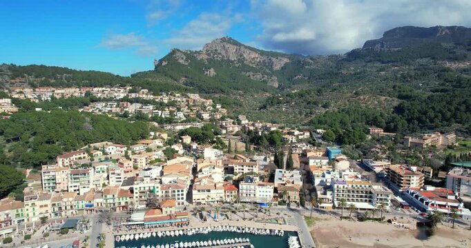 Mallorca Spain aerial footage Soller port marina panorama nice weather