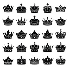 Crowns silhouette set with ornate royal king and queen headwear icons, black vector shapes isolated on white background © Roberto