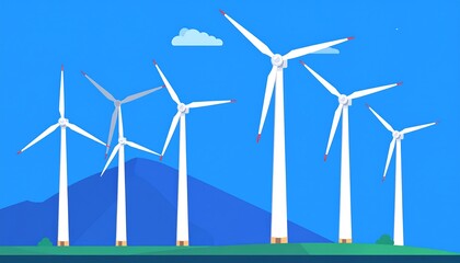 A serene landscape with wind turbines on a green field