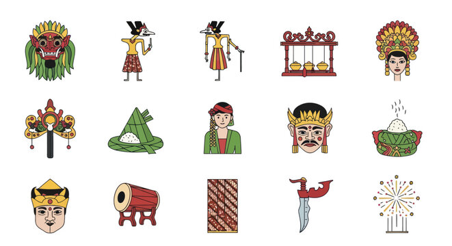 A diverse set of colorful icons representing traditional Indonesian art culture and heritage.