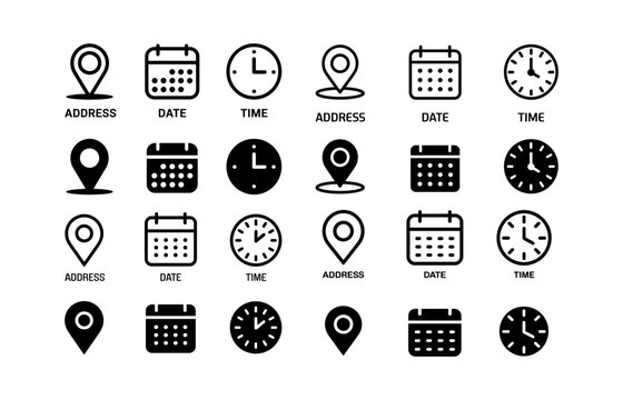 Collection of calendar date time and address location icons clock