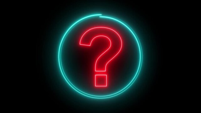 Glowing neon red and cyan color Question mark sign icon animation circle confusion mark quiz sign symbol problem sign on black background. motion graphics of concept. 4k video