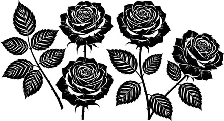 Black Rose Flower and Leaf Silhouette Vector Set with Detailed Botanical Elements for Romantic Designs Logos Tattoos and Decorative Graphic Art