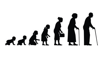 Human life stages from infancy to old age in silhouette isolated on white background, Vector