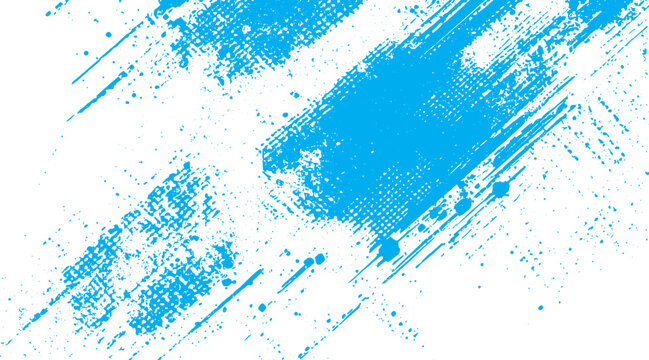 Blue paint splatters and streaks on a white background. Abstract textured pattern splash