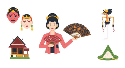 Indonesian Culture Icons: Wayang, Traditional House, Woman with Fan, Kite © malika