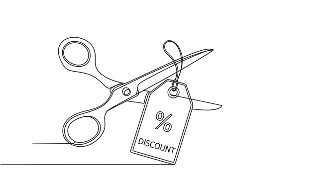 Scissors cutting discount tag, symbolizing price reduction and sales promotion